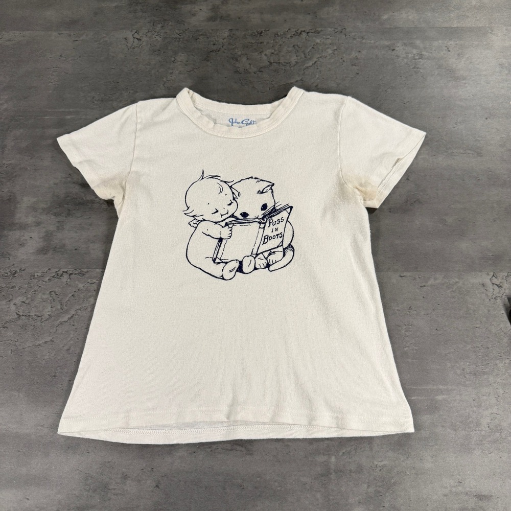 Brandy Melville T-Shirt OS Puss In Boots Graphic White Navy Cotton Short Sleeve